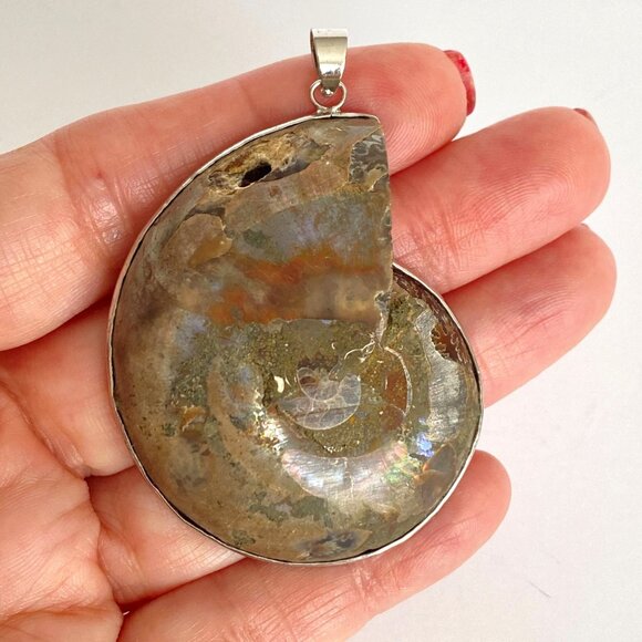 Large Brown Iridescent Ammonite Spiral Fossil Sterling Silver Pendant 2in Long - Picture 3 of 10